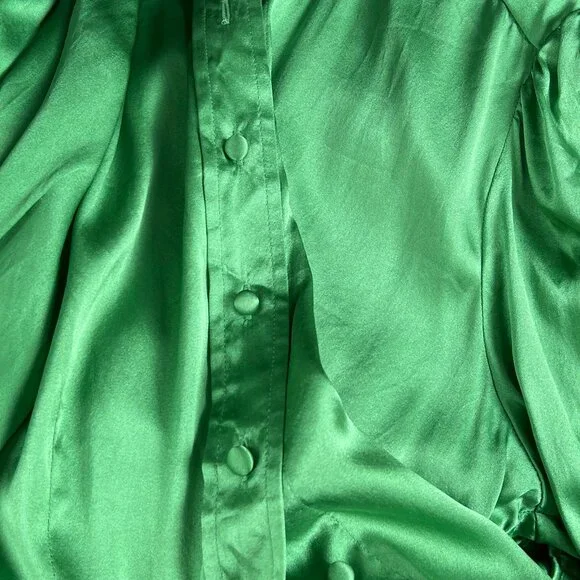 Vintage 100% Silk Rushed Puff Poof Sleeve Button Down Up Shirt Fitted Blouse Top - Picture 7 of 8